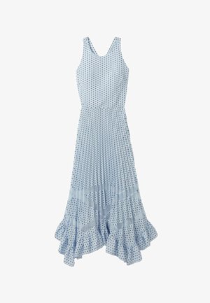 Robe sans manches bleu clair à pois noirs, taille cintrée, jupe plissée et ourlet asymétrique à volants.