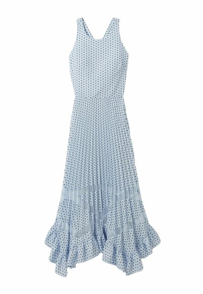 Abito senza maniche azzurro chiaro con pois neri, vita aderente, gonna plissettata e orlo asimmetrico arricciato.