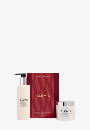 Flacon de lavage pour le visage Elemis Dynamic Resurfacing, boîte duo rouge Resurface & Glow, et pot de disques démaquillants avec couvercle argenté sur fond blanc.