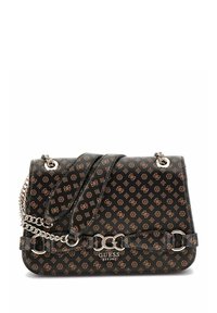 Borsa a tracolla nera in pelle sintetica con un motivo che ripete il logo dorato, tracolla in catena argentata e dettagli hardware distintivi sul coperchio e sulla chiusura.