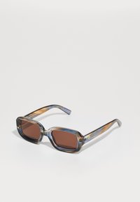Square sunglasses with a blue and brown marbled frame, brown lenses, and gold accent on the temples, featuring textured detailing.