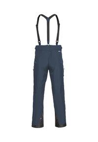 Pantaloni impermeabili blu con bretelle nere regolabili, design a gamba dritta, polsini neri rinforzati e tasche laterali con zip.