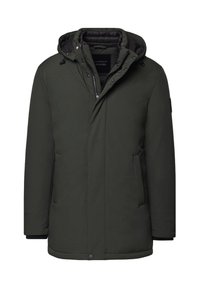 Ciemnozielona ocieplana zimowa parka z kapturem, z zamkiem błyskawicznym z przodu, zatrzaskami oraz dwoma kieszeniami bocznymi, pokazana na białym tle.