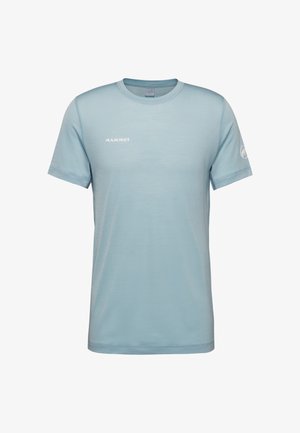 T-shirt azzurro chiaro a maniche corte con scollo a girocollo, con logo bianco "MAMMUT" sul petto e logo circolare sulla manica sinistra.