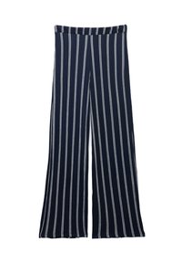 Brede broekspijpen van een zachte stof, met een marineblauwe basis en verticale witte strepen, en een elastische tailleband.
