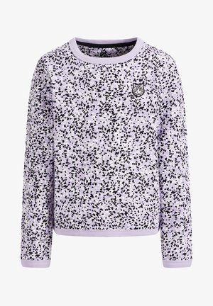 Jasnofioletowa koszula z długim rękawem z czarno-białym abstrakcyjnym wzorem w plamki oraz małym emblematem głowy tygrysa na lewej piersi.