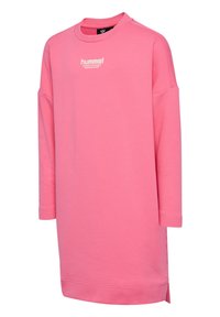 Rosa sweatshirtklänning gjord av tyg med en slät textur. Har en rund halsringning, långa ärmar och en logotyp tryckt på framsidan.