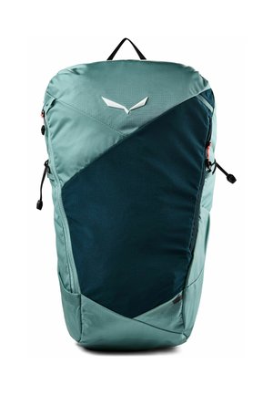 Groene en donker petrolkleurige wandelrugzak met voorvakken met rits en een klein wit logo bovenaan in het midden.