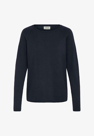 Navyblauwe lange mouwen trui met een ronde hals, gemaakt van een zachte brei. Heeft een eenvoudig, strak ontwerp en geribbelde manchetten.