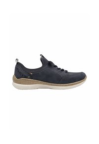 Scarpa stringata navy con tomaia in pelle, dettagli testurizzati e suola in gomma chiara. Presenta una soletta imbottita e un tassello posteriore per la presa.