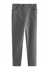 Pantaloni grigi in cotone con chiusura a bottone, due tasche frontali e design a gamba dritta. Texture liscia, decorazioni minime.