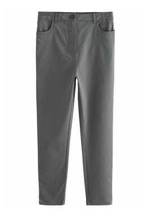 Pantaloni grigi in cotone con chiusura a bottone, due tasche frontali e design a gamba dritta. Texture liscia, decorazioni minime.