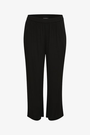 Schwarze, weit geschnittene Hose aus glattem Stoff, mit einem elastischen Bund und gepolsterten Details für eine lässige Passform.