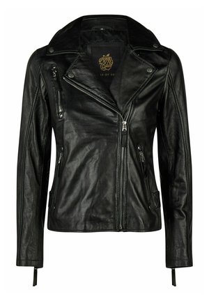 Schwarze Leder-Bikerjacke mit asymmetrischem Frontreißverschluss, Reißverschlusstaschen, Knopfkragen und langen Ärmeln mit Reißverschlussbündchen.