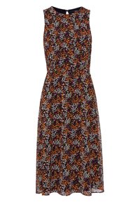 Robe sans manches de longueur genou avec une taille cintrée, présentant un motif floral multicolore en orange, blanc et violet sur un fond sombre.