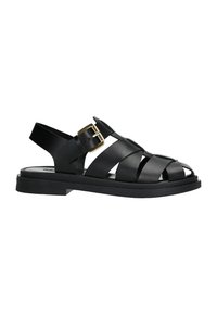 Sandales noires à lanières avec une semelle plate, dotées d'une accroche en boucle et d'un design à bout ouvert. Fabriquées en matériau lisse avec une semelle intérieure texturée.