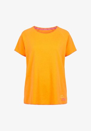 Helles orangefarbenes Kurzarm-T-Shirt mit rundem Ausschnitt und kleinem weißen und pinkfarbenem Text "I need Vitamin Sea" auf der unteren rechten Seite.