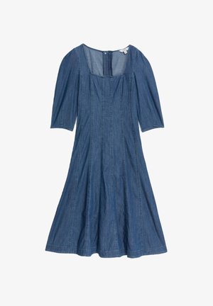 Denim dress with a square neckline, three-quarter length sleeves, and vertical seams. Flared skirt design in medium wash blue denim.