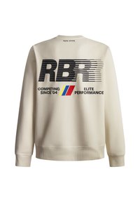 Crème-kleurige sweatshirt met ribgebreide manchetten en zoom. Heeft opvallende zwarte tekst "RBR" en kleurrijke strepen op de rug. Glad textuur.