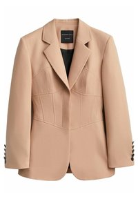 Blazer beige con design strutturato, caratterizzato da un collo a punta, cuciture sagomate e polsini abbottonati. Il tessuto è liscio con una vestibilità sartoriale.