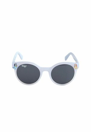 Children's white round sunglasses with dark lenses, featuring small Bluey cartoon character decals on the frame corners.