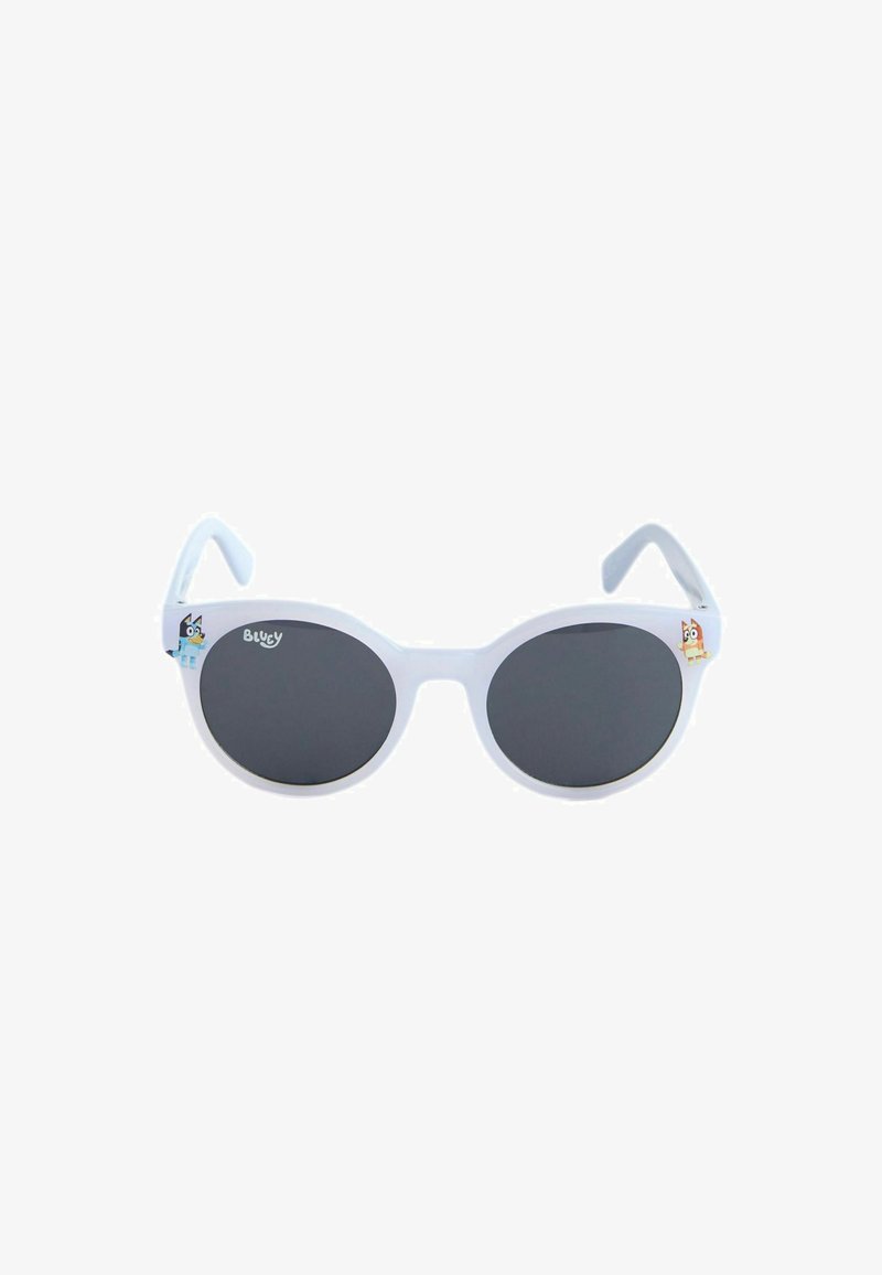 Lunettes de soleil rondes blanches pour enfants avec des verres foncés, ornées de petites décorations du personnage de dessin animé Bluey aux coins des montures.