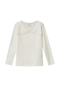 Weißes langärmliges Oberteil aus weichem Baumwollstoff. Mit einer Schleifenakzent am runden Ausschnitt und einer glatten, einfarbigen Textur.