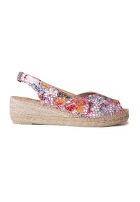 Espadrilla con zeppa e punta aperta, caratterizzata da una tomaia in materiale sintetico con fantasia floreale multicolore e una suola piatta in jute intrecciato.