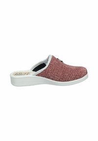 Pink woolen slip-on clog with white rubber sole, textured upper, and a grey accent on the side. Suitable for casual wear and comfort.