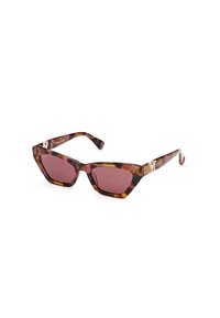 Ochelari de soare tortoiseshell maronii cu lentile roz, având o formă geometrică și accente din metal pe tâmple.