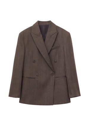 Blazer doppiopetto in lana marrone con ampi revers, quattro bottoni e due tasche frontali, mostrato su sfondo bianco.