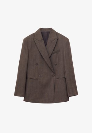 Blazer doppiopetto in lana marrone con ampi revers, quattro bottoni e due tasche frontali, mostrato su sfondo bianco.