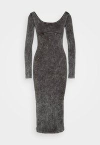 Długie rękawy, dopasowana sukienka w ciemnoszarym korduroju z okrągłym dekoltem i prążkowaną teksturą, sięgająca do połowy łydki. Otwarty dolny brzeg.