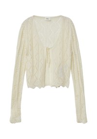 Crème opengebreide cardigan met een V-hals, striksluiting en lange mouwen. Kenmerkt zich door een gestructureerd ruitpatroon en een gekartelde zoom.