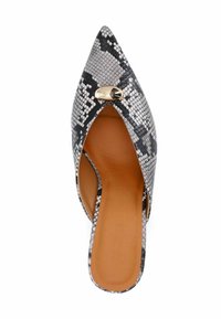Pointed-toe, open-back shoe in black and white snake print, featuring a gold accent on the front. Smooth inner sole with a tan finish.