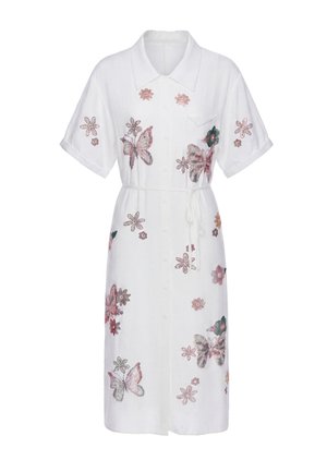 Weißes kurzärmeliges Hemdkleid mit Kragen, Taillengürtel, verziert mit rosa und grüner Schmetterlings- und Blumenstickerei.