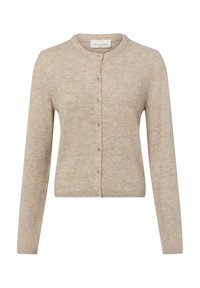 Beige gestrickte Strickjacke mit rundem Ausschnitt, langen Ärmeln und Knopfleiste vorne. Verfügt über eine subtile Struktur und kleine metallische Knöpfe.