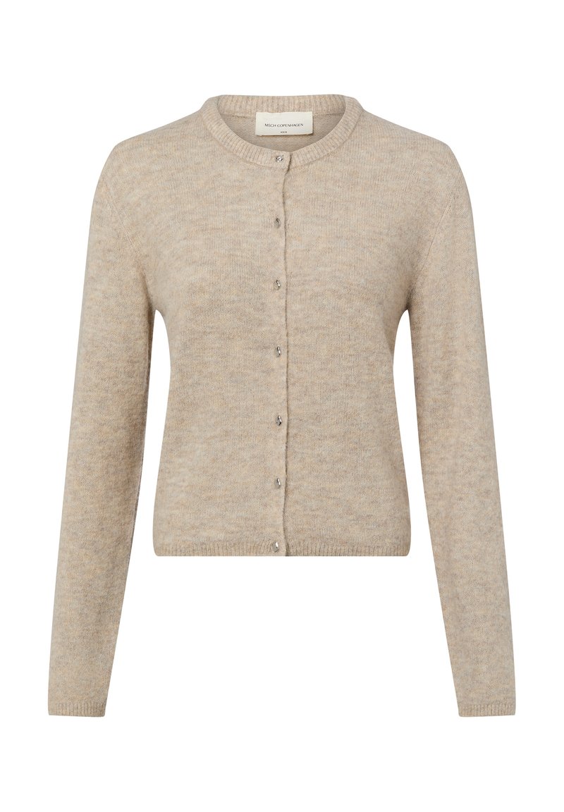 Beige gestrickte Strickjacke mit rundem Ausschnitt, langen Ärmeln und Knopfleiste vorne. Verfügt über eine subtile Struktur und kleine metallische Knöpfe.