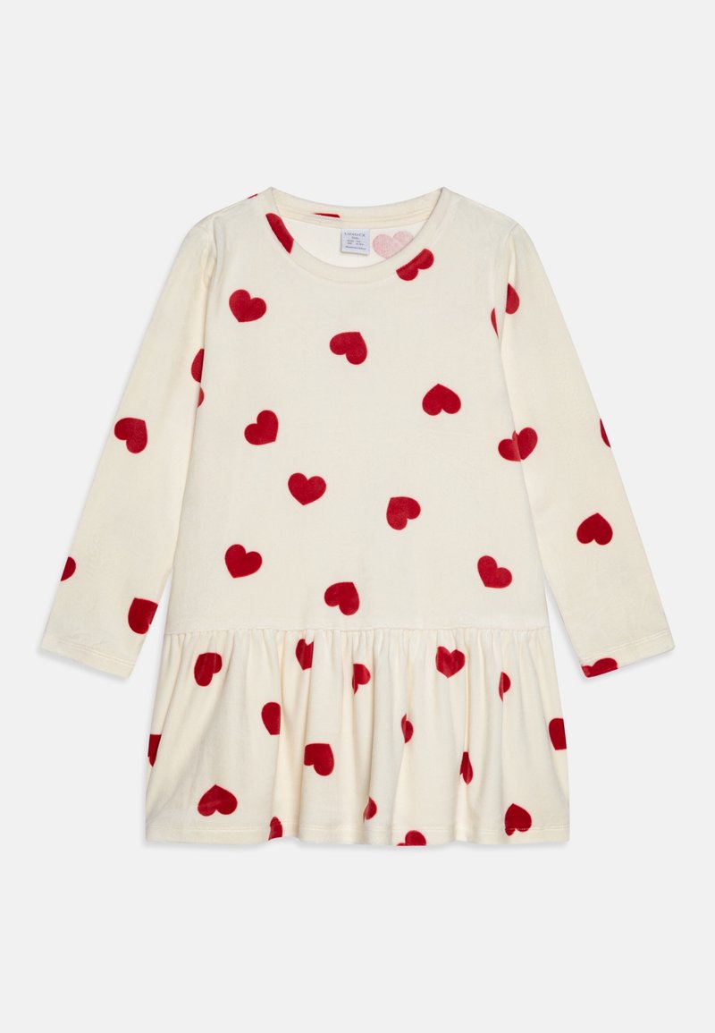 Robe longue à manches longues couleur crème avec jupe froncée, décorée de motifs rouges en forme de cœur éparpillés.