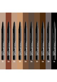 Ten black NYX Lift & Snatch eyebrow pen markers in a row, each with a different brown to black shade background and numbered 01 to 10.