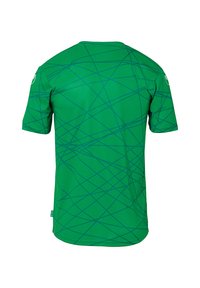 Grøn atletisk t-shirt med korte ærmer, der har et blåt abstrakt linjemønster. Fremstillet af glat, letvægtsmateriale.