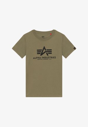Kortermet T-skjorte i olivengrønn laget av myk bomull, med en svart grafisk logo og teksten "ALPHA INDUSTRIES" på forsiden.