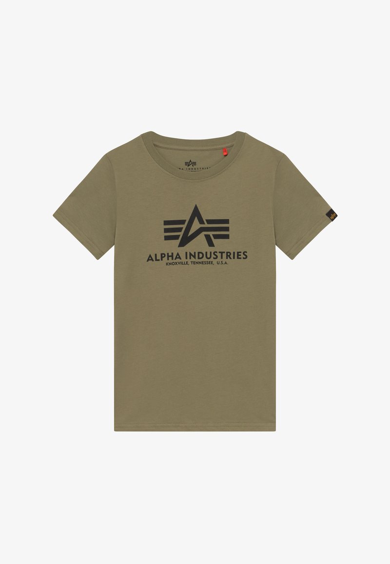 Krátké tričko olivově zelené barvy z měkké bavlny, s černým grafickým logem a nápisem "ALPHA INDUSTRIES" na přední straně.