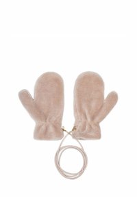 Różowe, miękkie mityne z polaru o zaokrąglonym kształcie, z łączącym paskiem z złotym okuciem. Gładka faktura, bez wyraźnych wzorów.