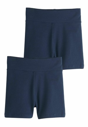 Zwei Paare schlichte marineblaue dehnbare Shorts mit breiten elastischen Taillenbändern, flach auf weißem Hintergrund dargestellt.
