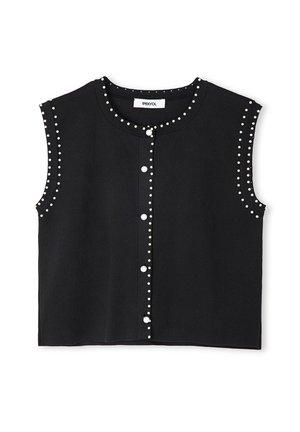 Black sleeveless top with a rounded neckline, featuring white pearl accents along the edges and a row of buttons down the front.