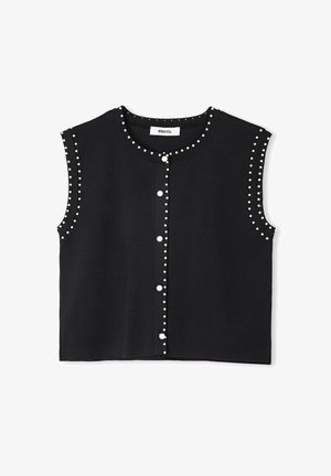 Schwarzes ärmelloses Oberteil mit rundem Ausschnitt, verziert mit weißen Perlenakzenten entlang der Ränder und einer Reihe von Knöpfen auf der Vorderseite.