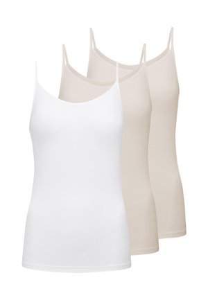 Set aus drei ärmellosen Damen-Camisoles mit dünnen Trägern, ein weißes und zwei beige, auf weißem Hintergrund gezeigt.