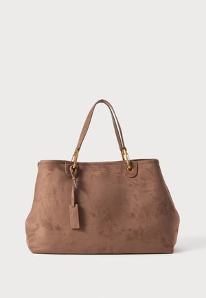 Suede brown tote bag with gold-tone hardware, dual handles, and a leather tag. Spacious design with a smooth texture and minimal stitching.