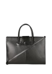 Schwarze Lederhandtasche mit zwei Griffen, einem langen verstellbaren Schulterriemen und einem magnetischen Verschluss; glatte Oberfläche mit minimalem Emblem oder Details.